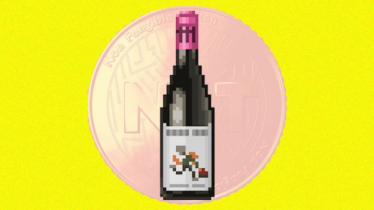 Pixelated wine bottle and coin