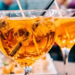 Rum runner drink inside of clear liquor glass